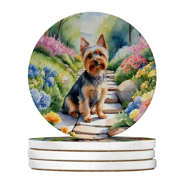 Silky Terrier Spring Path Large Sandstone Coasters Pack Of 4 Absorbent Round Coasters Decor Gifts For Men Or Women, 4 In, Multicolor