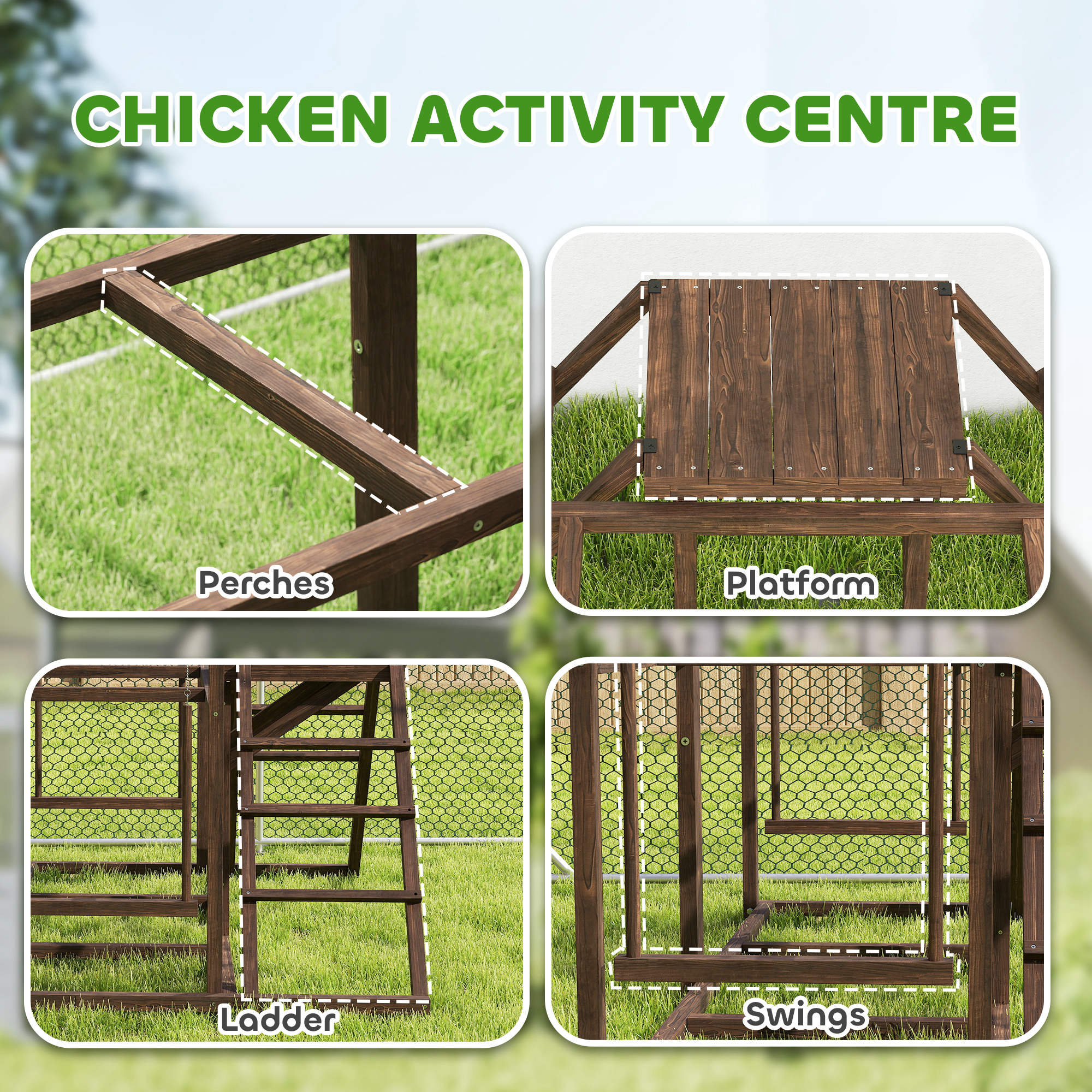 Chicken Activity Play Set with Multiple Chicken Perches, Swing, Ladder, Platform for 3-4 Chickens, Coffee