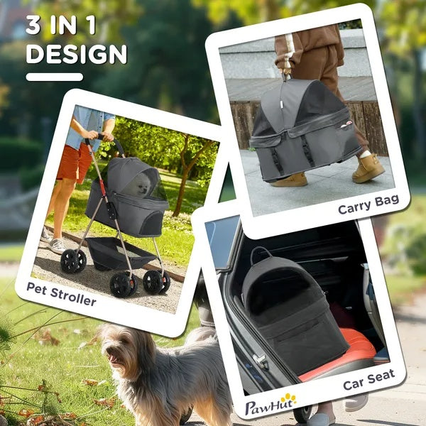 3 In 1 Pet Stroller With Detachable Carrier, Foldable Dog Stroller With Storage Basket, Cupholder, For Mini Dogs, Gray
