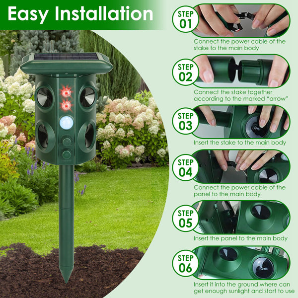 5 Modes Animal Repeller - Solar/USB Rechargeable, PIR Sensing, 3229Sq.ft Coverage, IP54 Waterproof, Repels Rodents Birds Snakes Raccoons