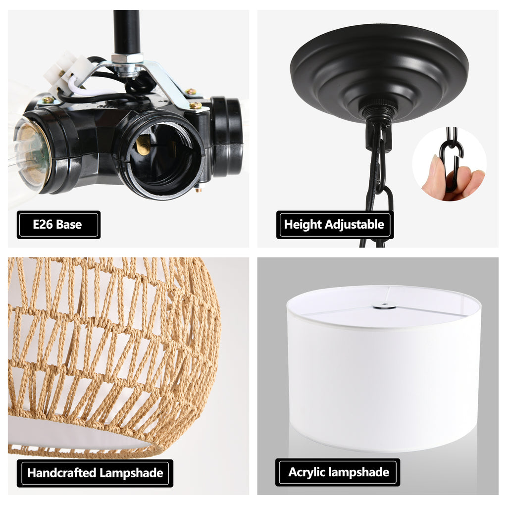 18inch Farmhouse Pendant Light With Adjustable Height, Boho Woven Jute Rope Hanging Ceiling Light Fixture, E26 Base, 60W Max, Compatible With Flat, Vaulted, And Sloped Ceil Bulb Not Included