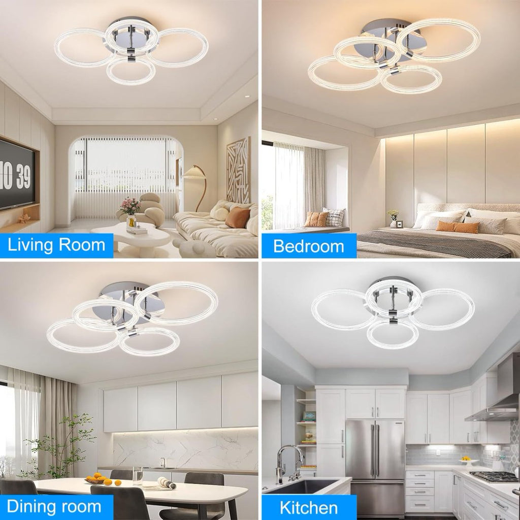 Modern LED Ceiling Light, Flush Mount Ceiling Light With Dimmable Remote Control, 6Rings Acrylic Ceiling Light Fixture For Bedroom, Living Room, Kitchen, Office Lamps 4 Heads