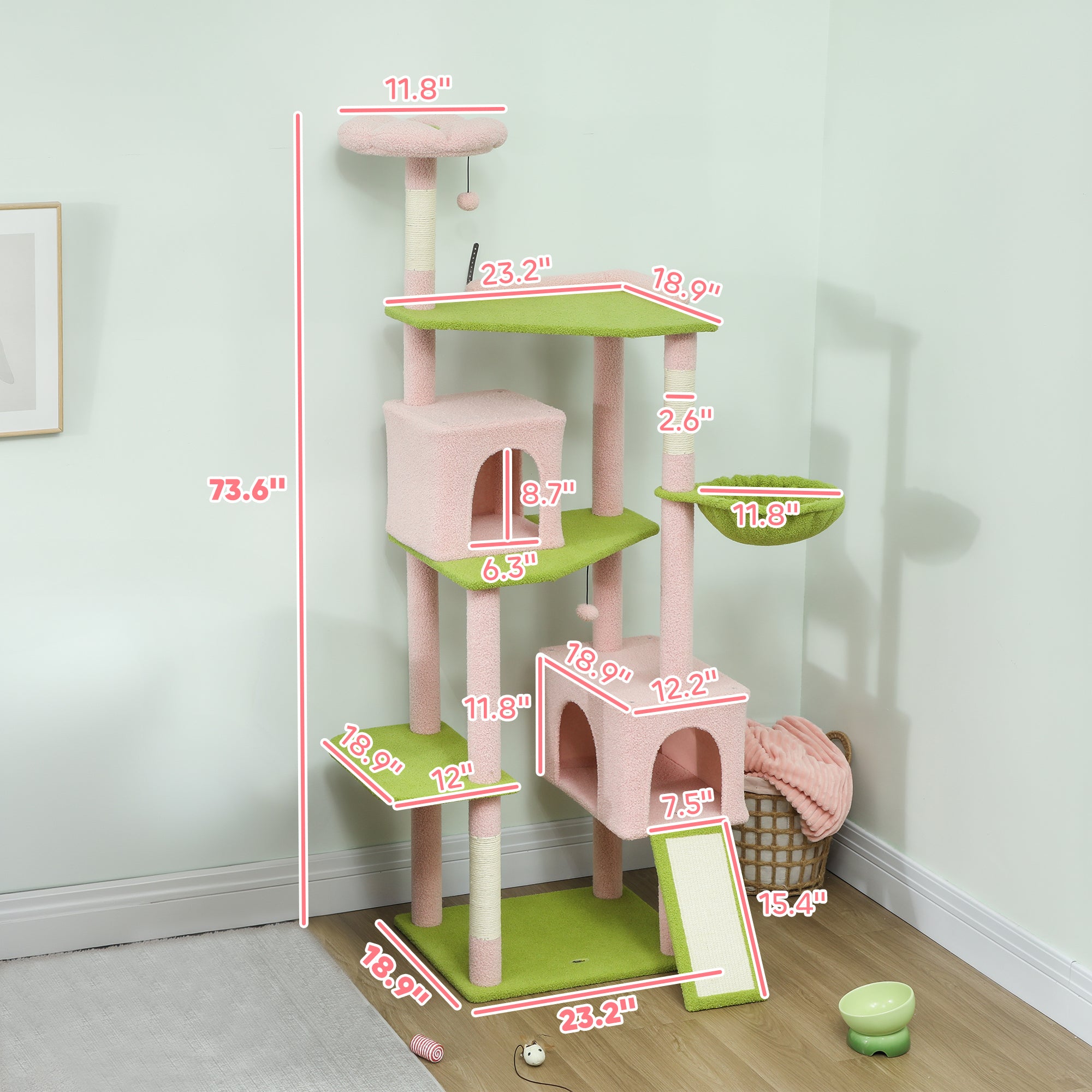 74" Flower Cat Tree, Large Cat Tower with Scratching Post & Board for Indoor Cats, Pink