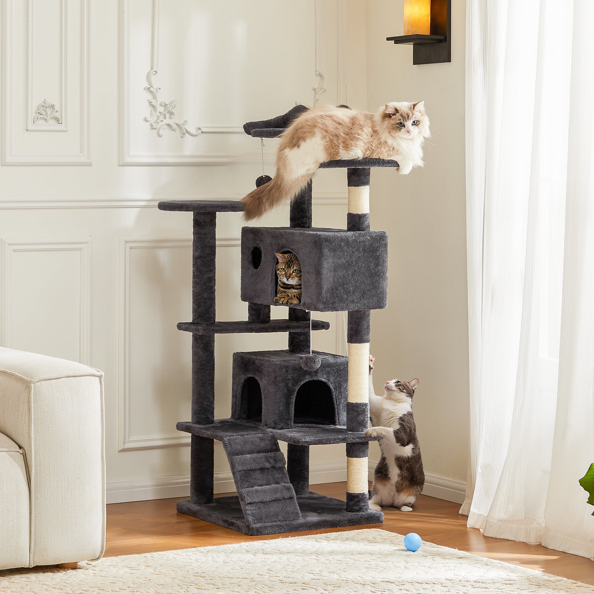 Large Cat Tree Tower, 80 Cat Tree  Large Cats, Multi Level With Scratching Post, Cozy Cat Jumping Platform Space, Grey