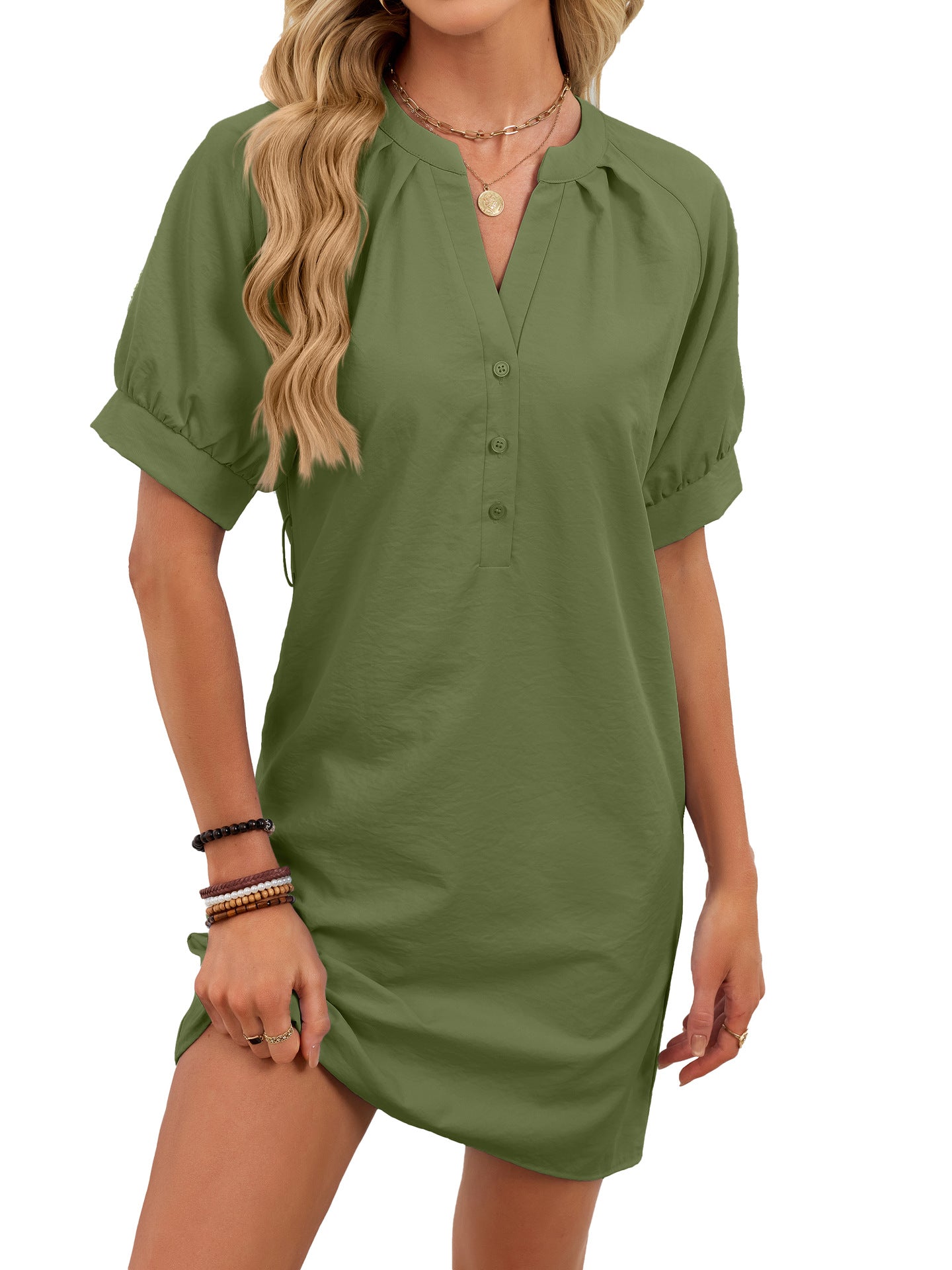 Women's Solid-Color Casual V-Neck Lace-Up Dress