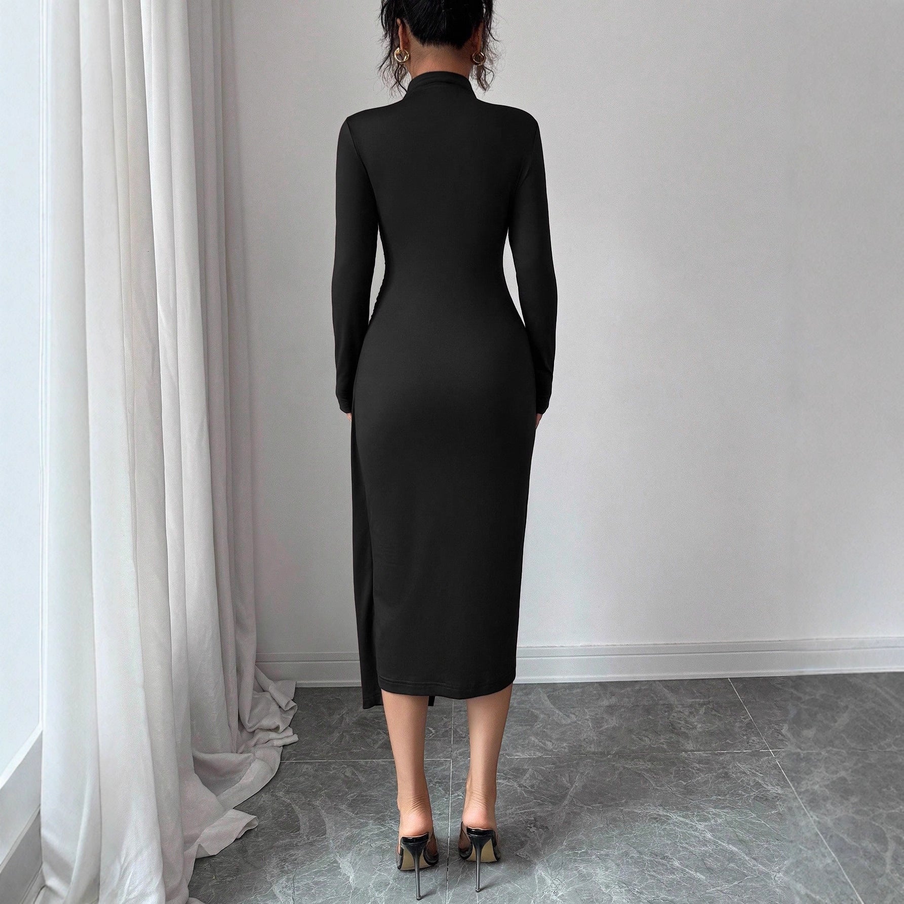 Small Stand-up Collar Knit Solid-color Dress With Metal Buttons