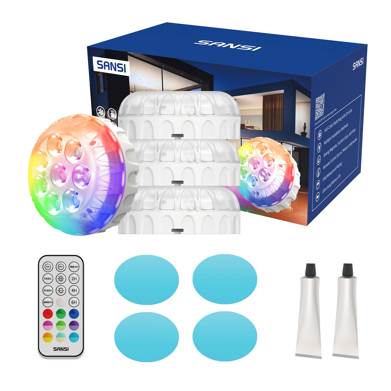 SANSI IP68 Waterproof RGB Pool Light, Summer Rechargeable 20Hrs Outdoor LED Lamp For Swimming Pool,Pond,Shower,Bath