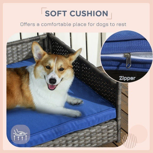 PawHut Wicker Dog House Outdoor With Canopy, Rattan Dog Bed With Water-resistant Cushion, For Small And Medium Dogs, Dark Blue