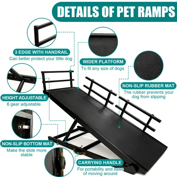 Dog Ramp For Couch Or Bed, Folding Wooden Pet Ramp With Anti-Slip Rubber Mat & 3 Removable Safety Side Rails