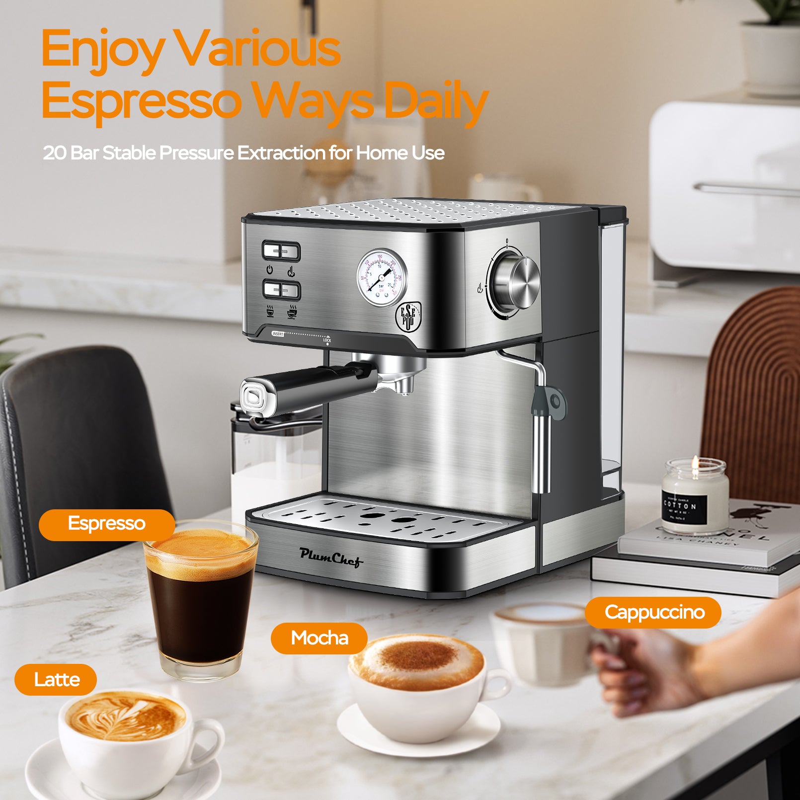 20 Bar Professional Espresso Machine With Milk Frother, Single Double Shot, ESE Pod Compatible, Visual Display Of Pressure, Removable Water Tank For Cappuccino, Latte, Machiato For Home Barista