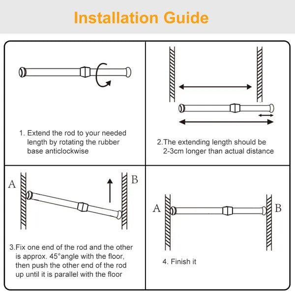 Tension Curtain Rod Spring Load Adjustable Curtain Pole Heavy-Duty Steel 4 Sizes For Bathroom Wardrobe Kitchen Balcony 200cm