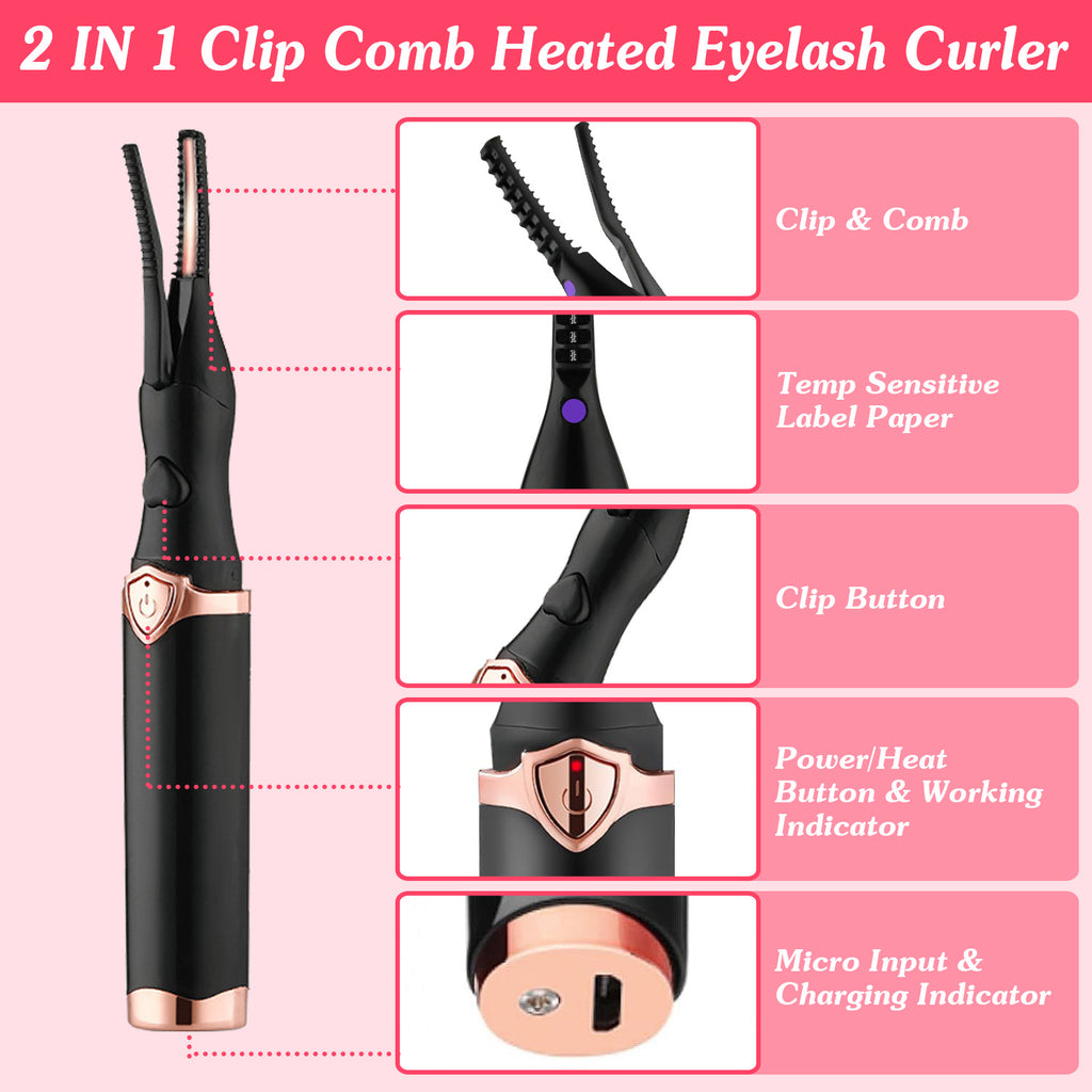 1Pc 2 In 1 Clip Comb Heated Eyelash Curler Electric Mini Lash Curler Natural Eye Lash Makeup Tool With 3 Temp Settings 15Mins Shutdown