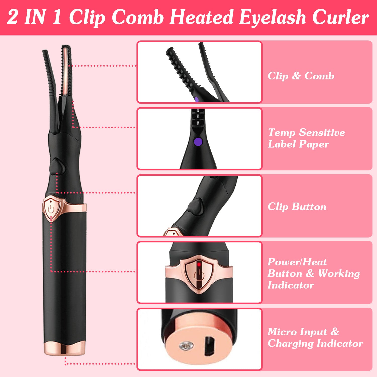 1Pc 2 In 1 Clip Comb Heated Eyelash Curler Electric Mini Lash Curler Natural Eye Lash Makeup Tool With 3 Temp Settings 15Mins Shutdown