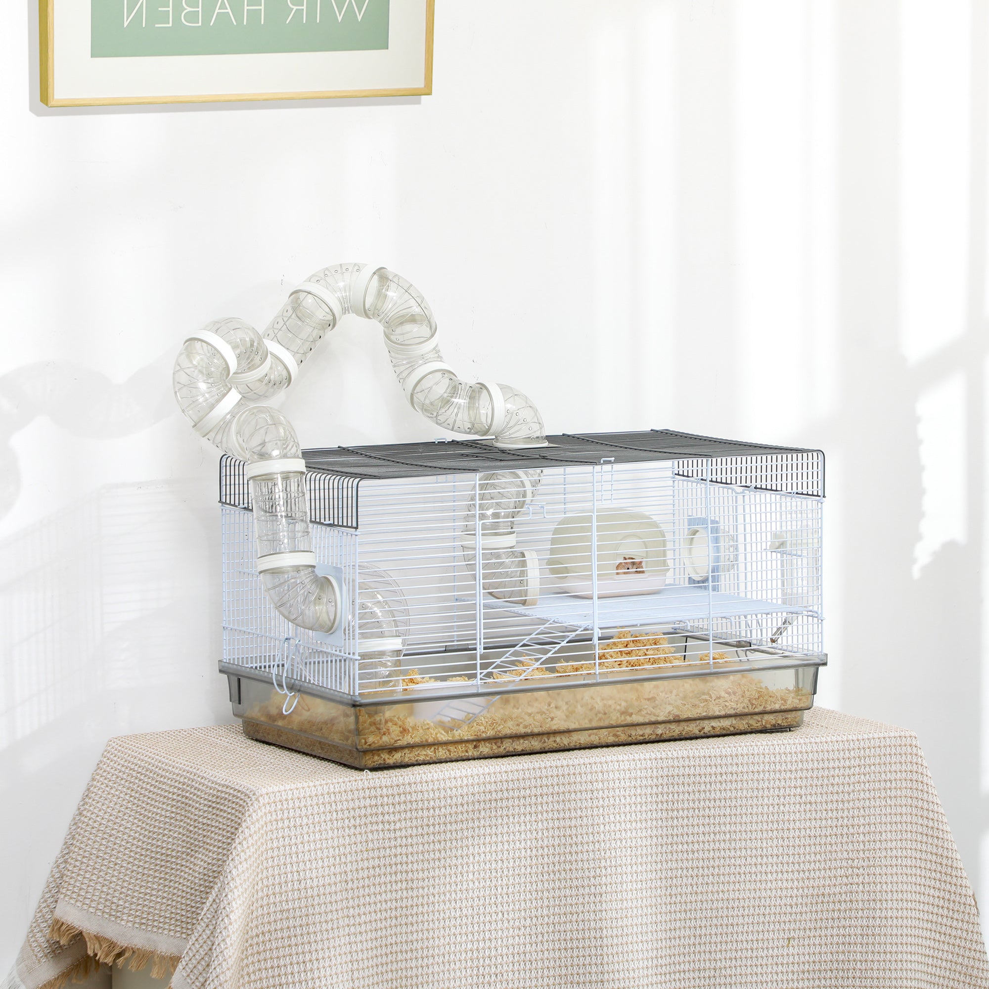 Small Animal Cage for Gerbil or Dwarf Hamster w/ Tubes, Exercise Wheel, Food Dish, Water Bottle, 23" x 13" x 12", Gray