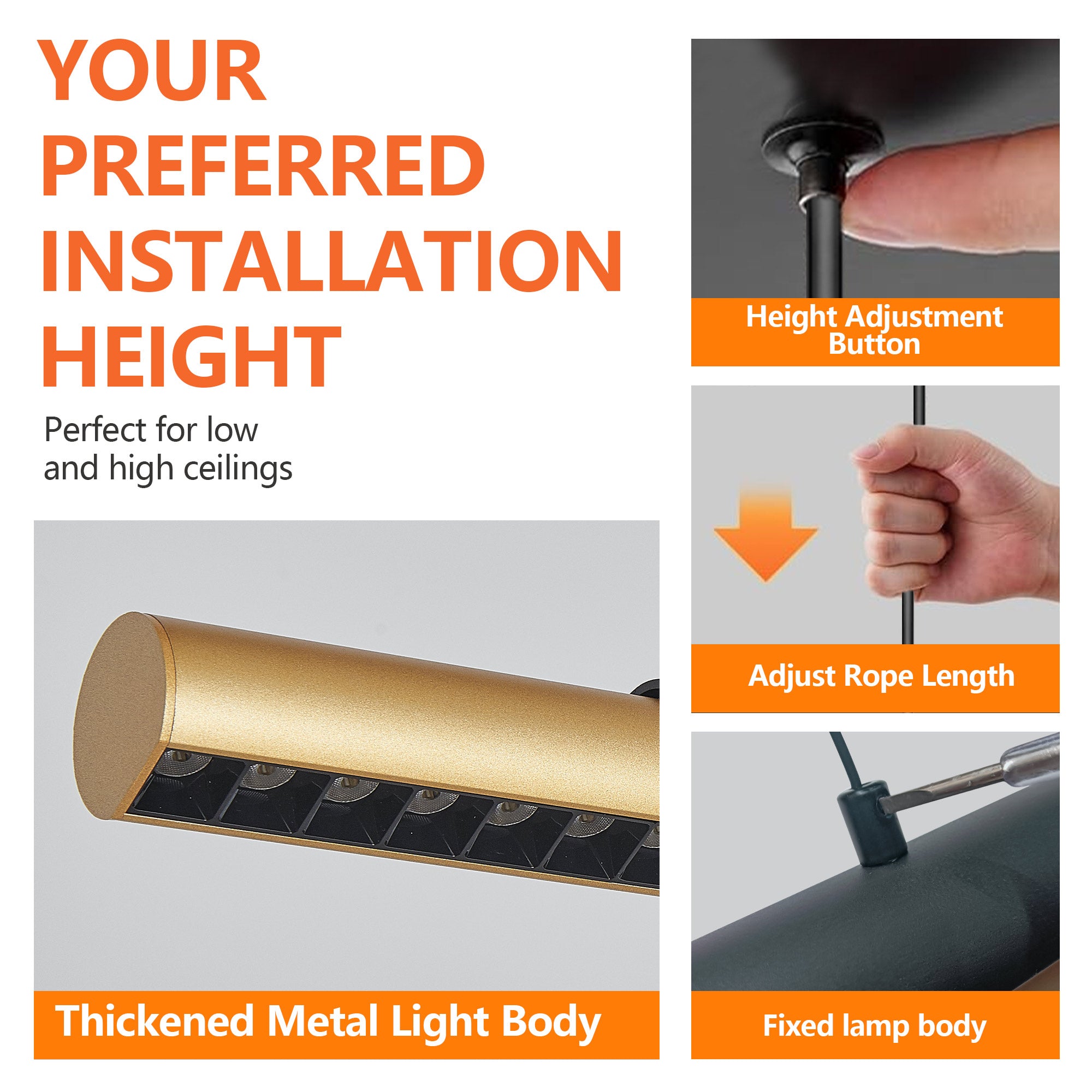 75-inch Modern Black And Gold LED Pendant Light, Adjustable Hanging Light For Dining Room, Kitchen, Living Room Sleek Dual Tube Design