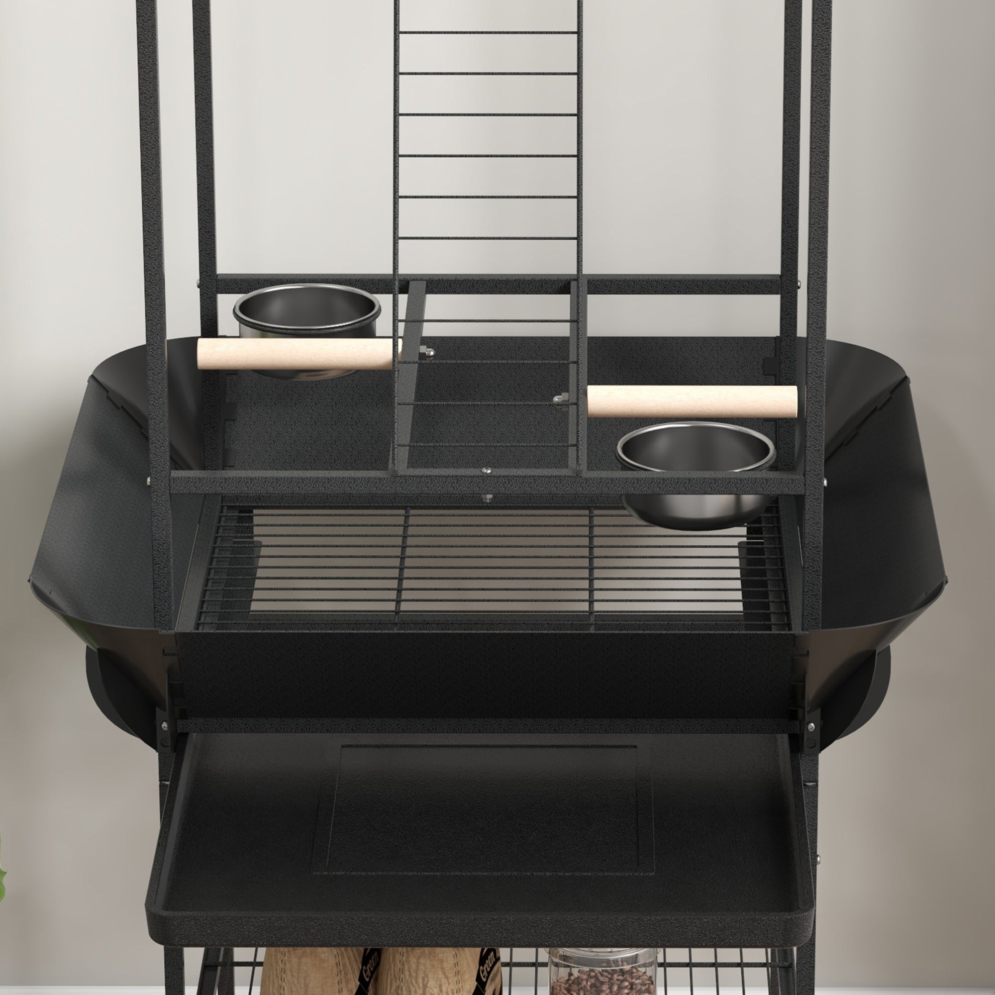 Bird Stand with Wheels, Perches, Stainless Steel Feed Bowls, Pull-Out Tray for Indoor Outdoor Small Parrot, Dark Gray