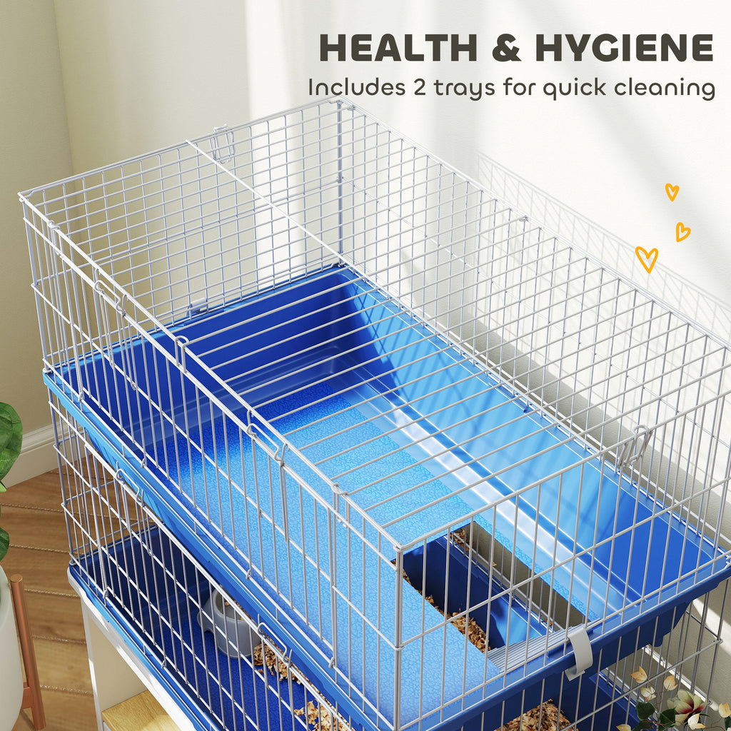 2-Tier Guinea Pig Cage, Ferret Cage, Chinchilla Cage, Small Animal Cage Indoor with Dish and Bottle, 2 Doors, Deep Bottoms, Ramp, 28", Blue