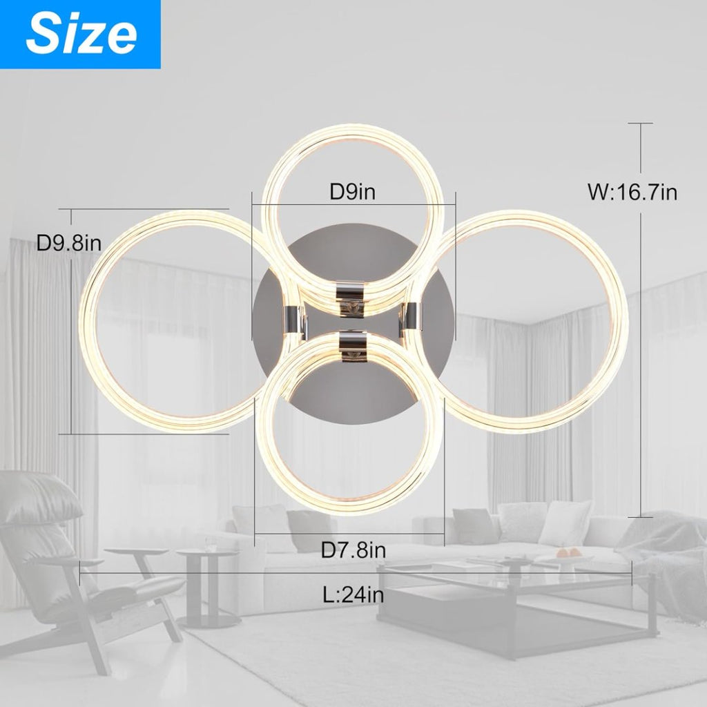 Modern LED Ceiling Light, Flush Mount Ceiling Light With Dimmable Remote Control, 6Rings Acrylic Ceiling Light Fixture For Bedroom, Living Room, Kitchen, Office Lamps 4 Heads