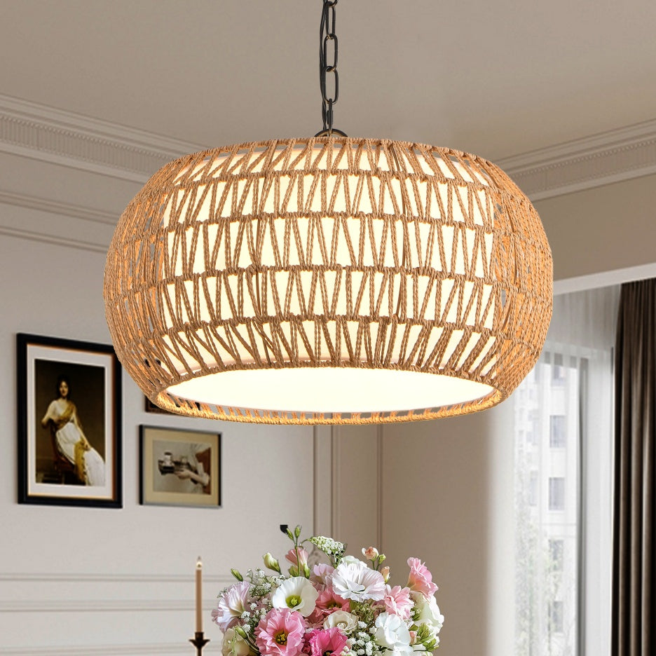 18inch Farmhouse Pendant Light With Adjustable Height, Boho Woven Jute Rope Hanging Ceiling Light Fixture, E26 Base, 60W Max, Compatible With Flat, Vaulted, And Sloped Ceil Bulb Not Included
