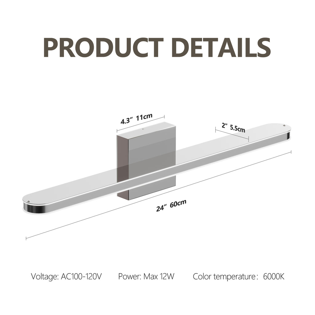 Modern Bathroom Light Fixtures Dimmable LED Vanity Lights Chrome Lamps For Bathover Mirror 24 Inch Vanity Sconces Indoor 12W Bar Lighting For Bathrooms Restroom Bedroom 6000K Wall Light For Bathroom