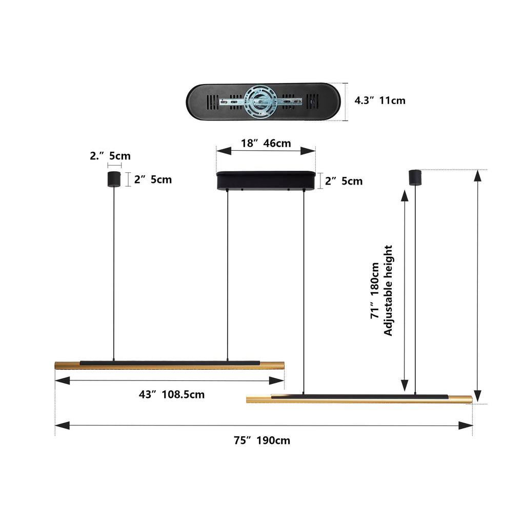 75-inch Modern Black And Gold LED Pendant Light, Adjustable Hanging Light For Dining Room, Kitchen, Living Room Sleek Dual Tube Design