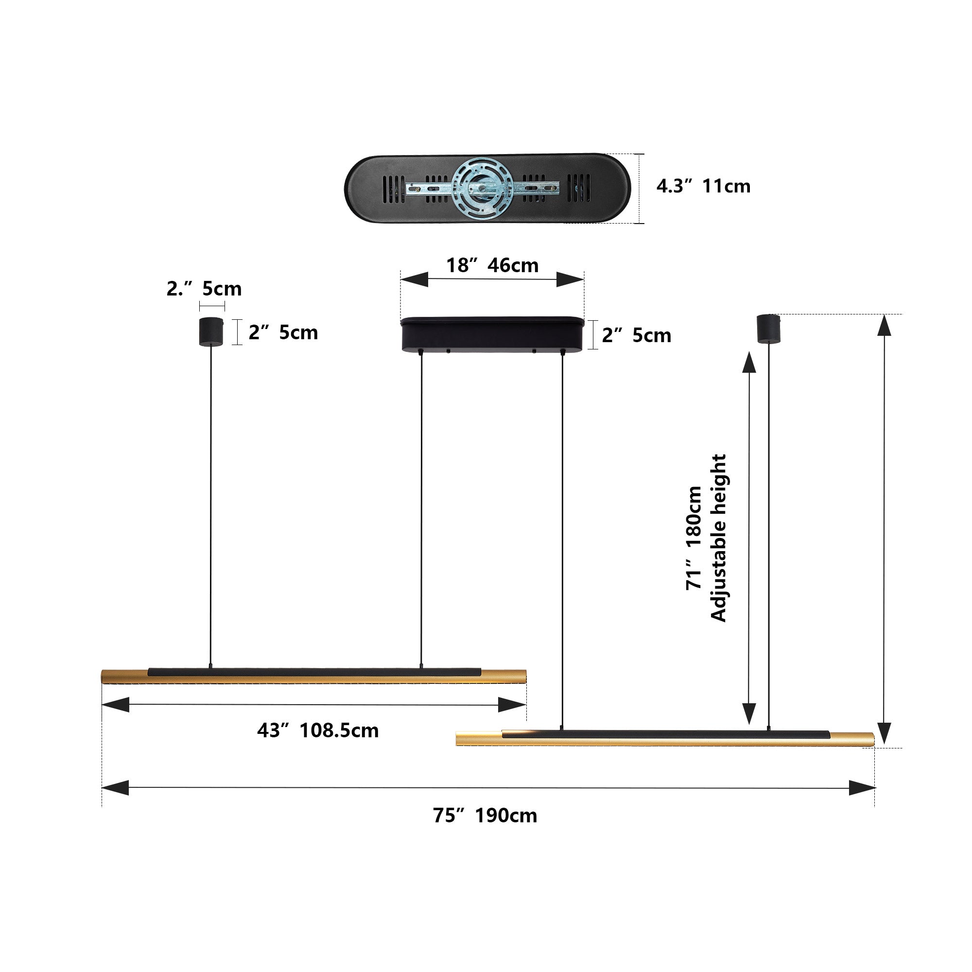 75-inch Modern Black And Gold LED Pendant Light, Adjustable Hanging Light For Dining Room, Kitchen, Living Room Sleek Dual Tube Design