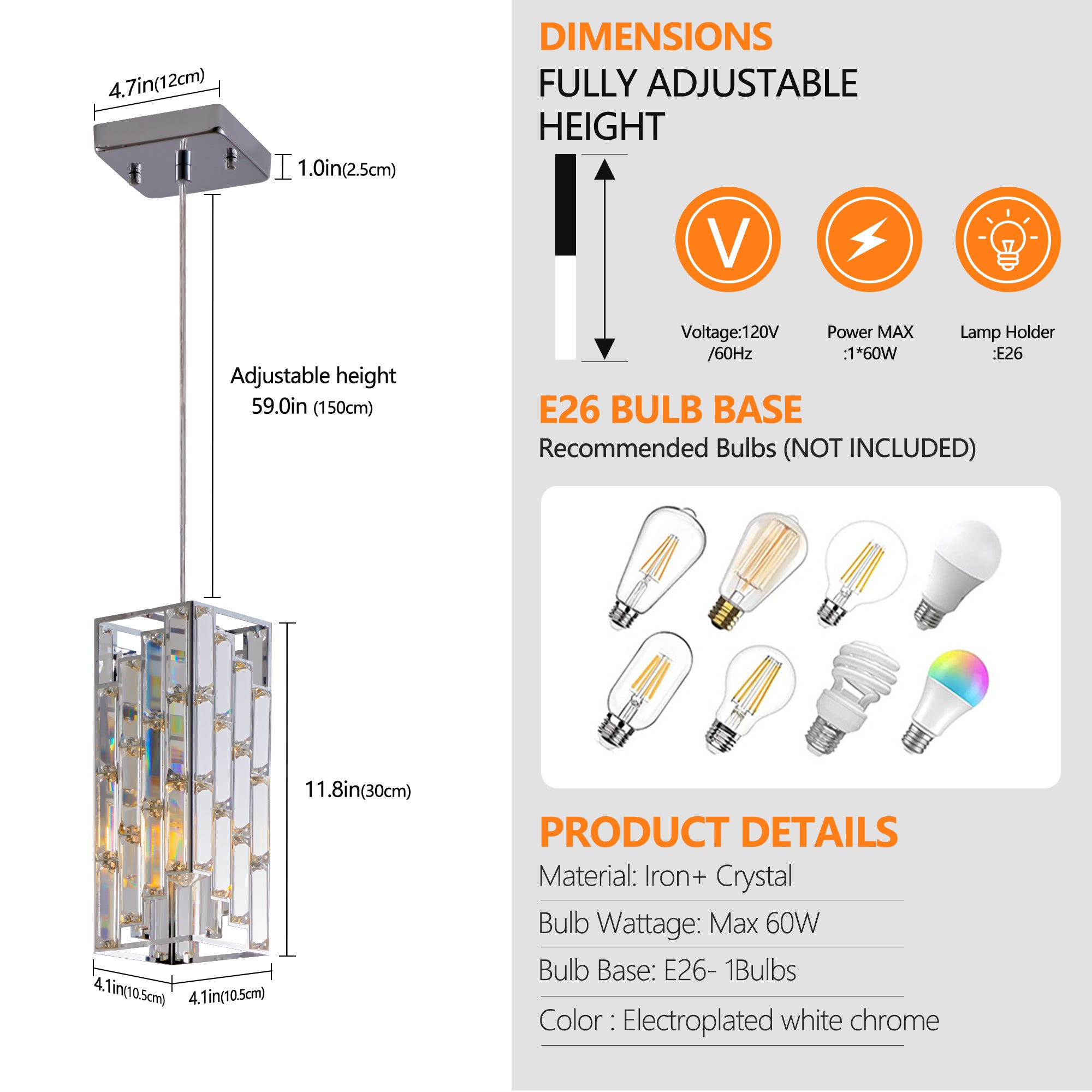 4inch Modern Crystal Pendant Light 3 Pack, Adjustable Hanging Ceiling Lamp With Crystal Prism Design For Dining Room, Kitchen Island, And Living Room -Chrome Finish