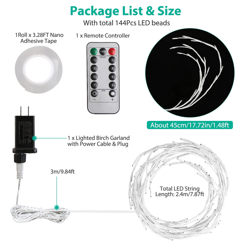 1Pc 7.87FT Lighted Birch Garland Lighted Twig Vine Lights 144LED Birch Garland With Lights String Light With Timer 8 Modes IP45 Waterproof For Christmas Fireplace Home Decoration