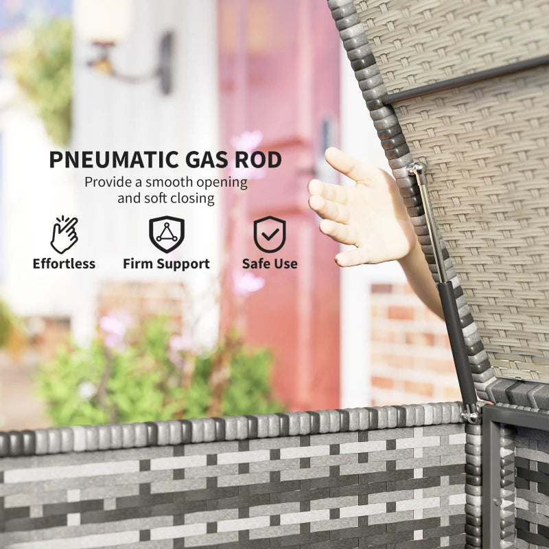 175 Gallon Outdoor Storage Box With Inner Liner, PE Rattan Wicker Deck Box With Pneumatic Bar Lift, Mixed Gray