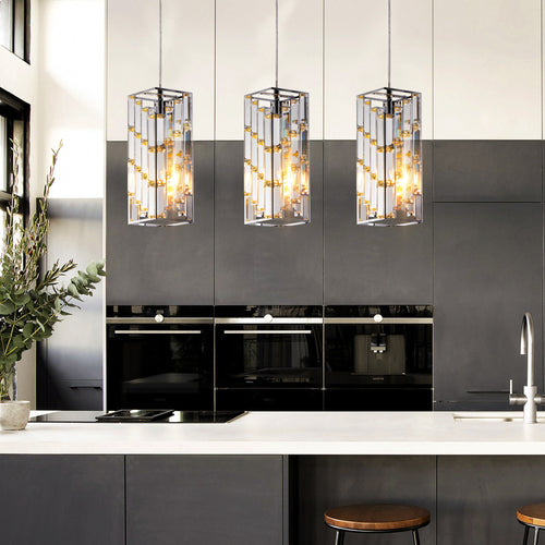 4inch Modern Crystal Pendant Light 3 Pack, Adjustable Hanging Ceiling Lamp With Crystal Prism Design For Dining Room, Kitchen Island, And Living Room -Chrome Finish