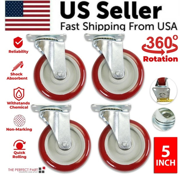 4 Pack 5 Inch Caster Wheels Swivel Plate Polyurethane Wheels Heavy Duty Wheels