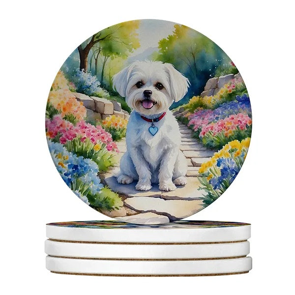 Silky Terrier Spring Path Large Sandstone Coasters Pack Of 4 Absorbent Round Coasters Decor Gifts For Men Or Women, 4 In, Multicolor