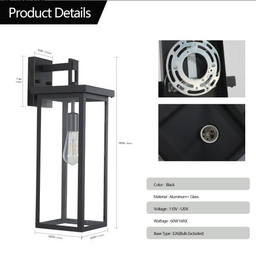 20inch Height Set Of 2 Modern Outdoor Wall Lanterns With Black Metal Frame And Clear Glass, Weatherproof Wall Sconces For Porch, Garage, Or Entryway Lighting, E26 Bulb Compatible No Bulbs