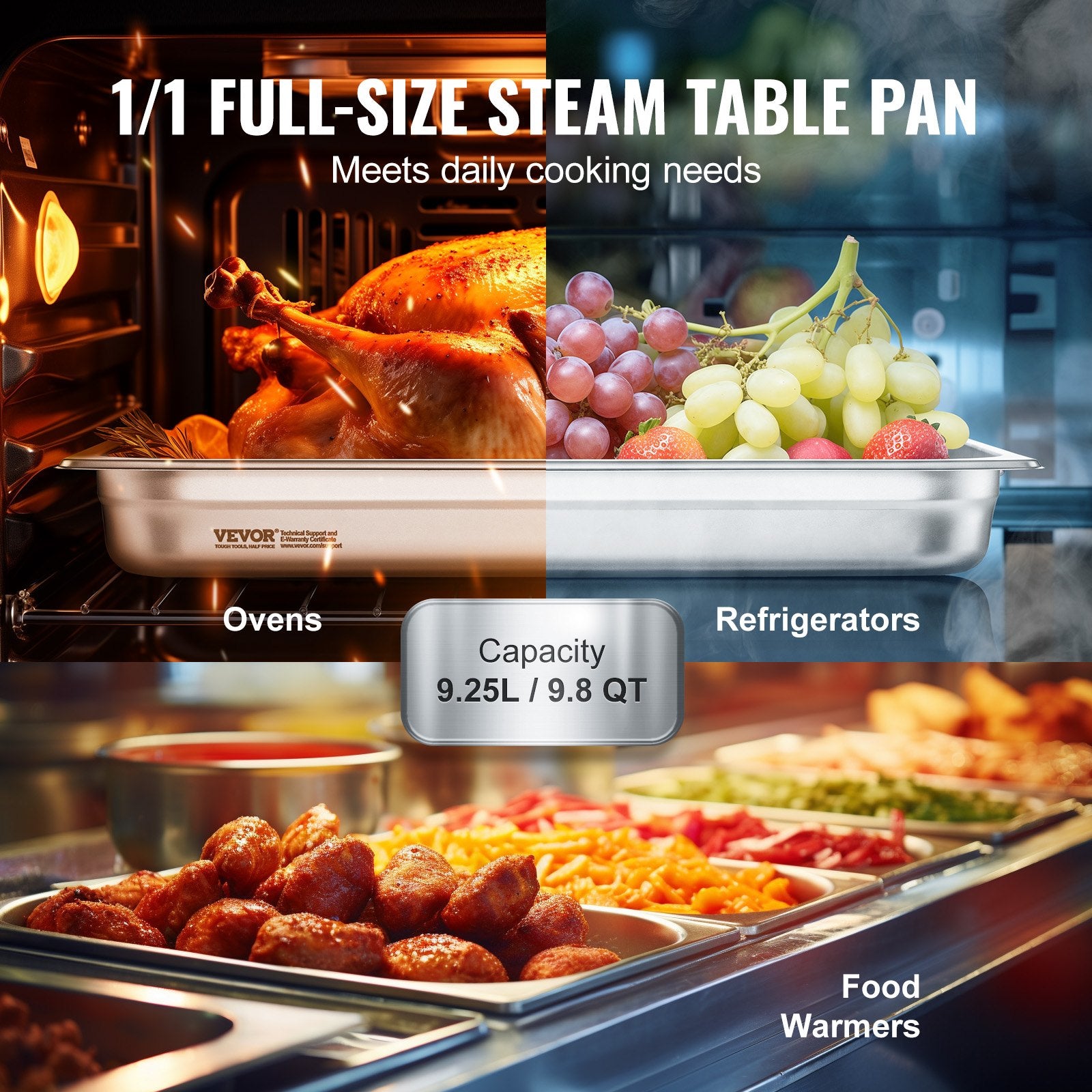 6 Pack Hotel Pans, Full Size Anti-Jam Steam Pan, 0.8mm Thick Stainless Steel Restaurant Steam Table Pan, 2.5-Inch Deep Commercial Table Pan, Catering Storage Food Pan, For Industrial & Scientifi