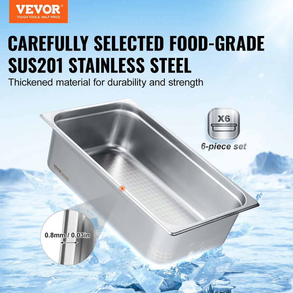 6 Pack Hotel Pans, Full Size Anti-Jam Steam Pan, 0.8mm Thick Stainless Steel Restaurant Steam Table Pan, 6-Inch Deep Commercial Table Pan, Catering Storage Food Pan, For Industrial & Scientific
