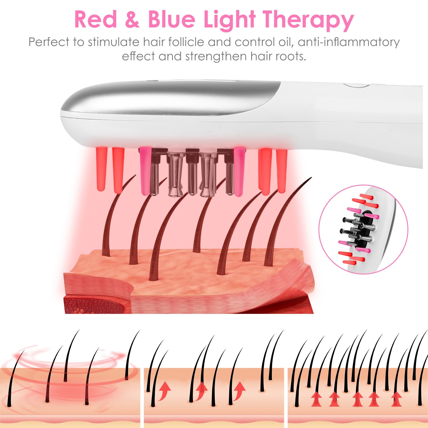 1Pc Electric Scalp Massage Comb Microcurrent Hair Brush Handheld Head Scratcher Massager Hair Oil Applicator With Vibration Micro-Current Mode Red & Blue Light Therapy Oil Applicator