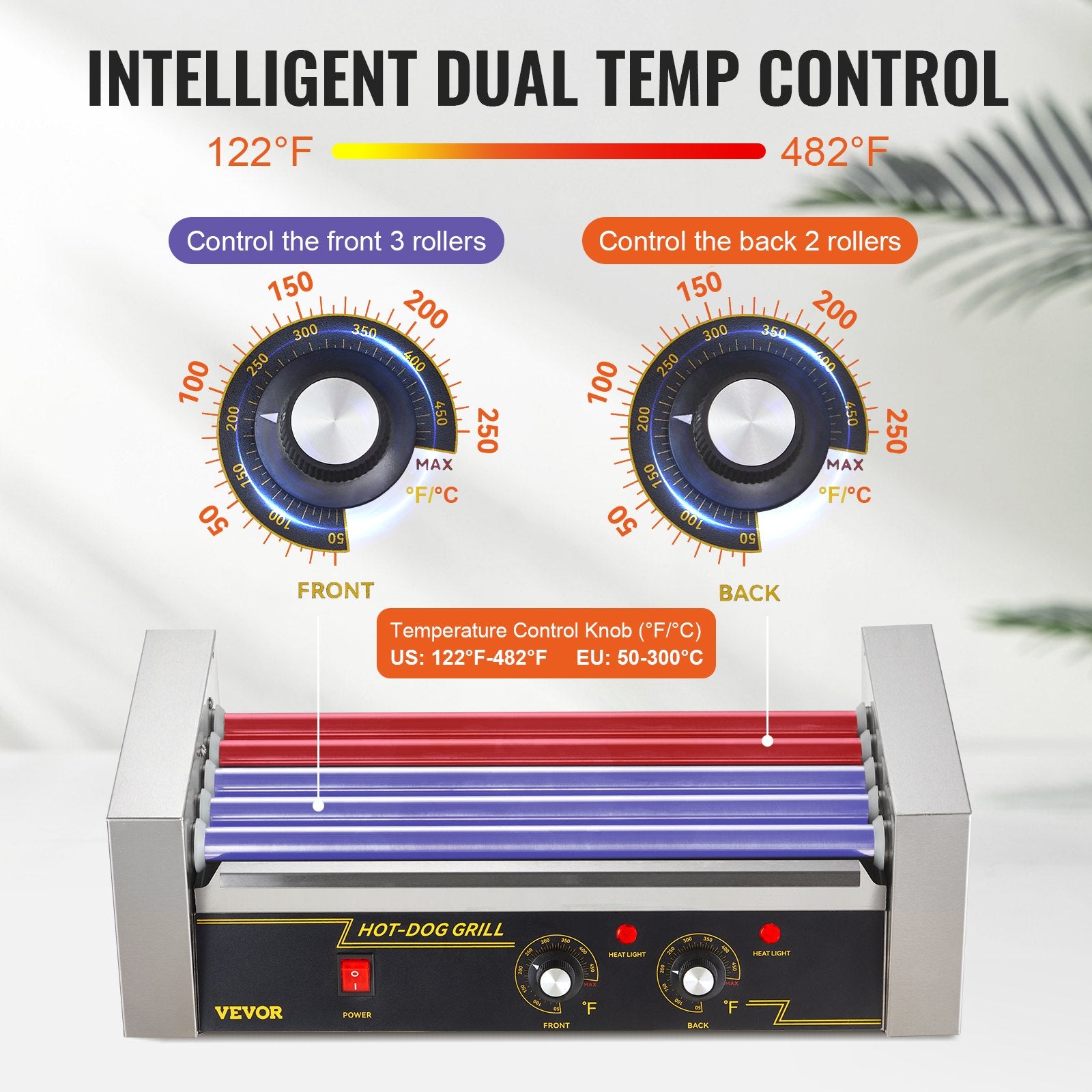 Hot Dog Roller 5 Rollers 12 Hot Dogs Capacity, 750W Stainless Sausage Grill Cooker Machine With Dual Temp Control Glass Hood Acrylic Cover Bun Warmer Shelf Removable Oil Drip Tray ETL Certified