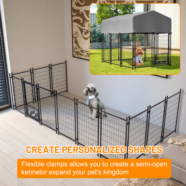 Dog Kennel Outdoor With Roof, 4.23'x5.82'x4.83' Welded Wire Enclosure, Heavy Duty Dog Crate With UV-Resistant Waterproof Cover, Double Lock & Rotating Feeder