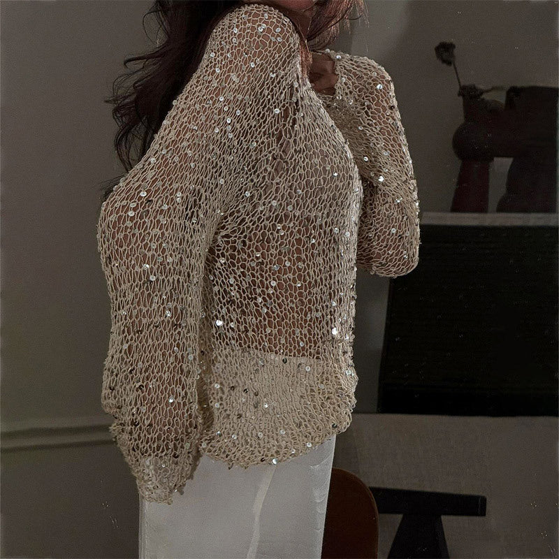 Sequined Hollow-out Long-sleeved Top Casual Style Loose Knitted