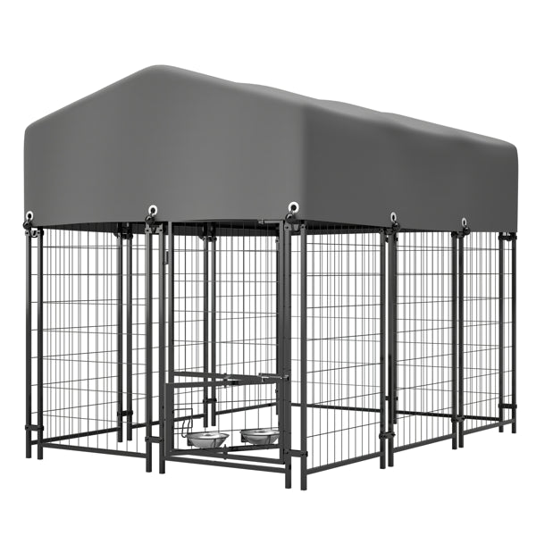 Dog Kennel Outdoor With Roof, 4.23'x5.82'x4.83' Welded Wire Enclosure, Heavy Duty Dog Crate With UV-Resistant Waterproof Cover, Double Lock & Rotating Feeder
