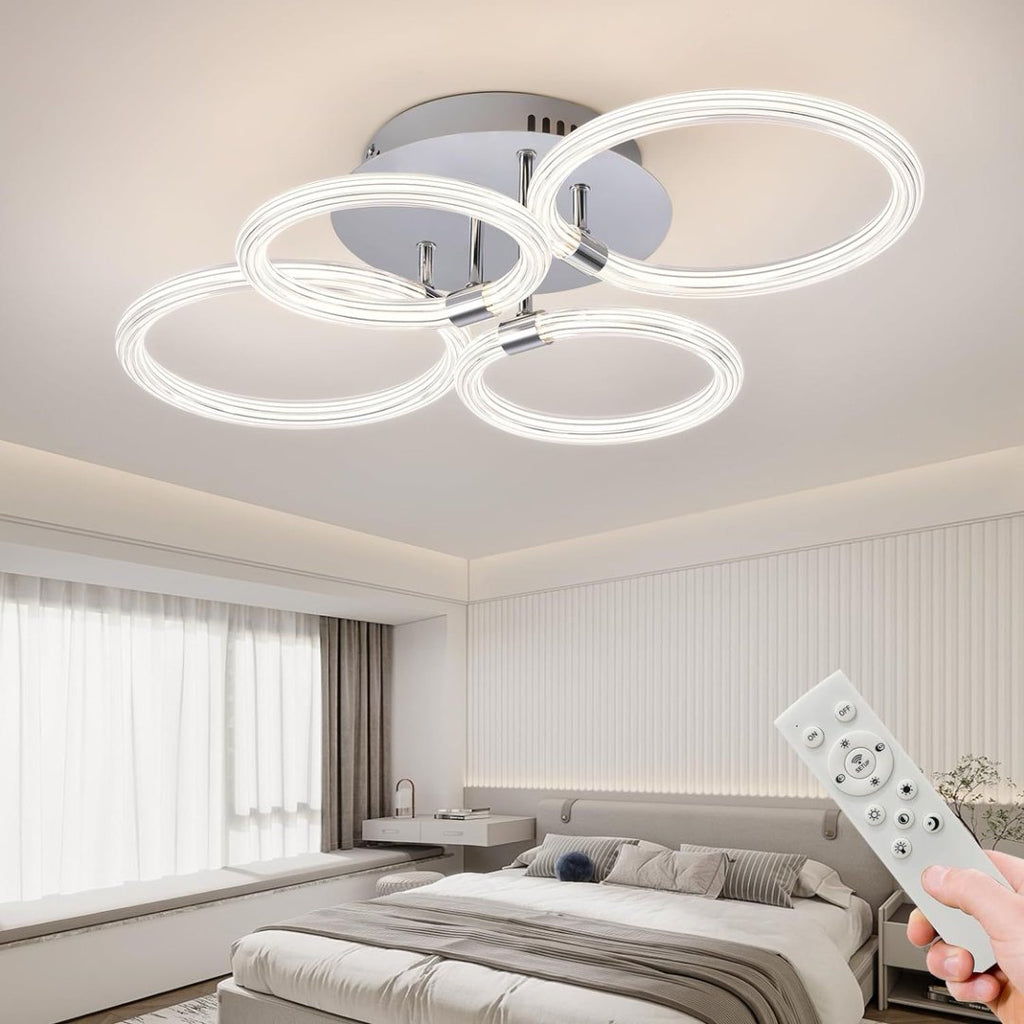 Modern LED Ceiling Light, Flush Mount Ceiling Light With Dimmable Remote Control, 6Rings Acrylic Ceiling Light Fixture For Bedroom, Living Room, Kitchen, Office Lamps 4 Heads