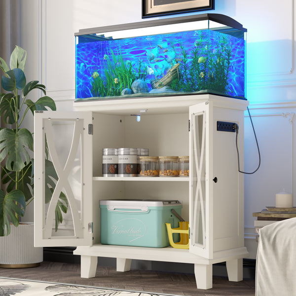 20 Gallon Fish Tank Stand With Power Outlets(4 AC 2 USB), Farmhouse Decorative Aquarium Stand Furniture With Adjustable Shelves, 10-20 Gallon Reptile Turtle Tank Stand With Cabinet Storage, Beige