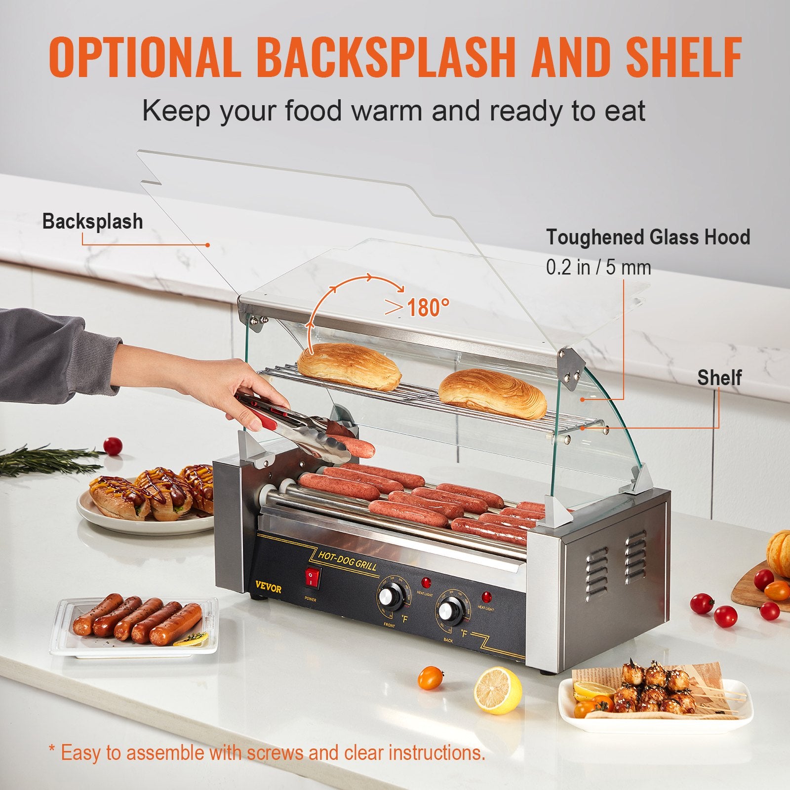 Hot Dog Roller 5 Rollers 12 Hot Dogs Capacity, 750W Stainless Sausage Grill Cooker Machine With Dual Temp Control Glass Hood Acrylic Cover Bun Warmer Shelf Removable Oil Drip Tray ETL Certified