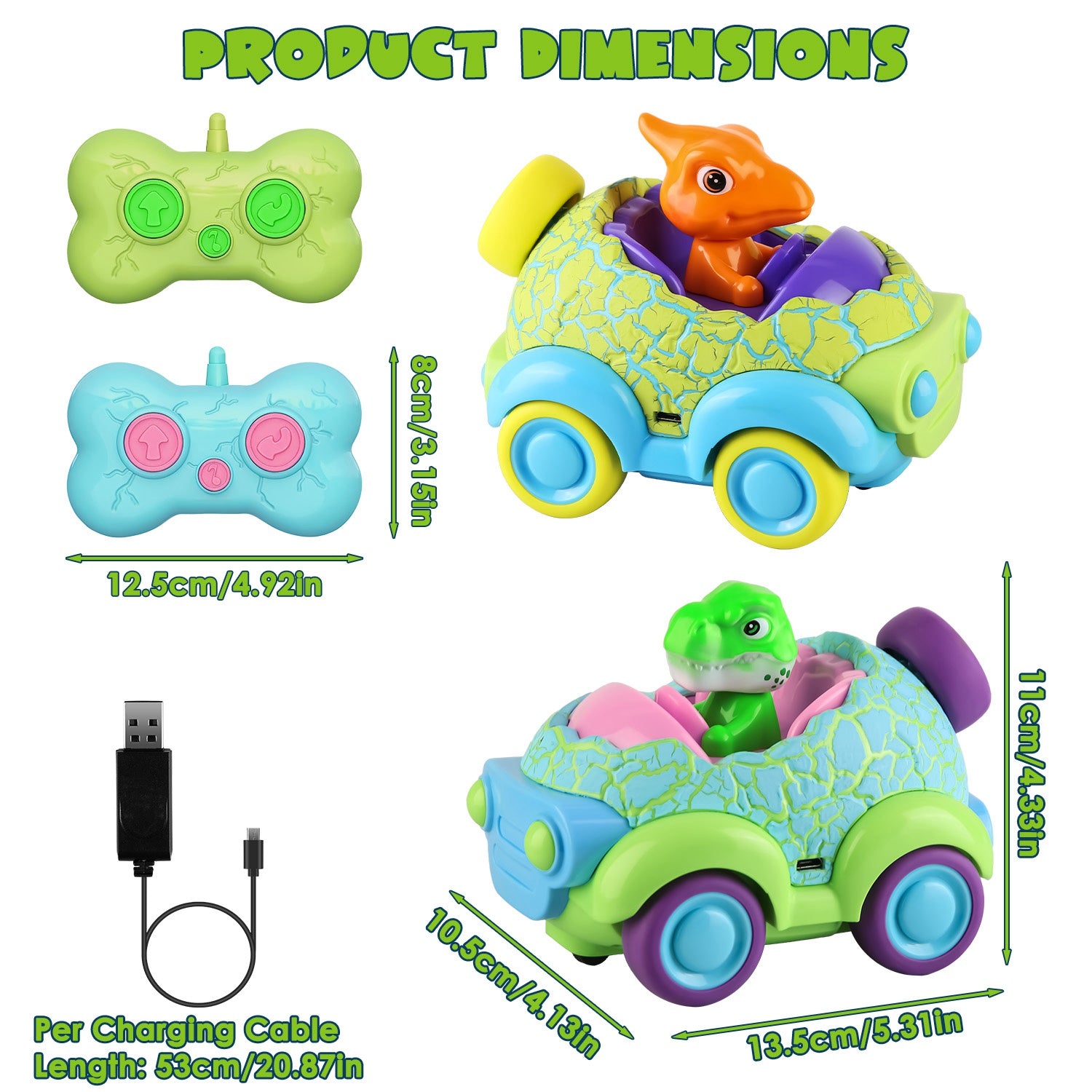 2Pack Dinosaur Remote Control Cars For Toddlers Rechargeable RC Cars With Light Music Birthday Gift For Boys Girls Aged 3 4 5 6 Years Old Christmas New Year Gift