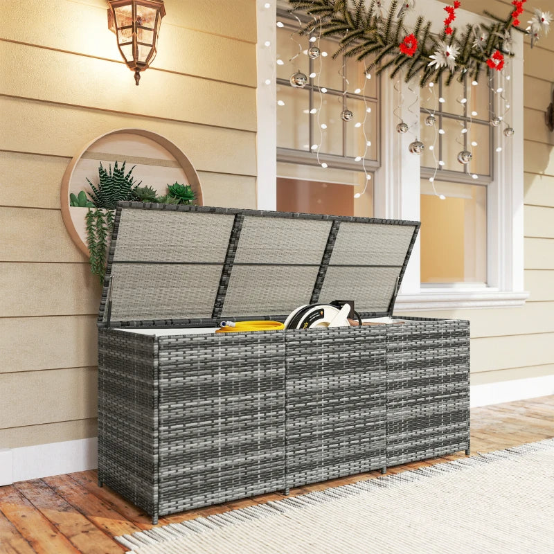 175 Gallon Outdoor Storage Box With Inner Liner, PE Rattan Wicker Deck Box With Pneumatic Bar Lift, Mixed Gray