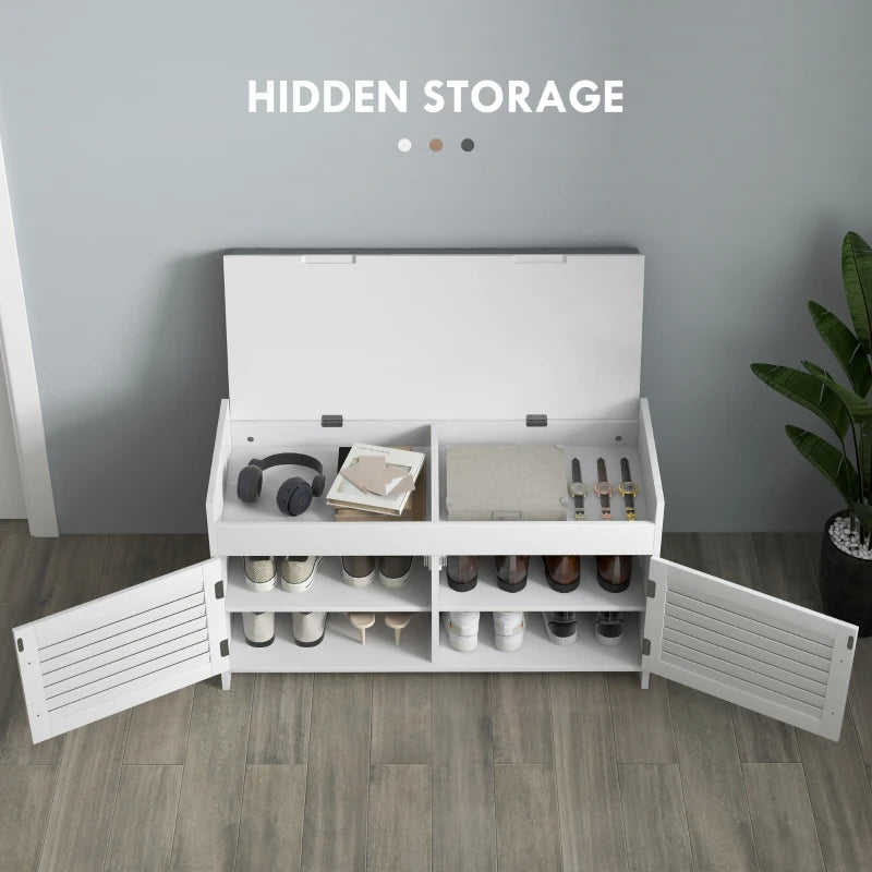 Shoe Storage Bench, Modern Entryway Bench With Cushion, Hidden Compartments, Adjustable Shelves, Shutter Doors, White