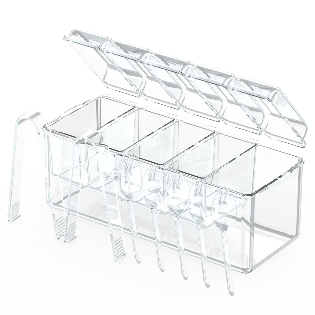 1Set Ice Chilled Condiment Caddy Serving Tray Container Bar Garnish Holder Salad Platter Server Food Storage With 5 Removable Containers 5 Lids 2 Tongs 5 Sporks