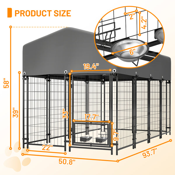 Dog Kennel Outdoor With Roof, 4.23'x7.81'x4.83' Welded Wire Enclosure, Heavy Duty Dog Crate With UV-Resistant Waterproof Cover, Double Lock & Rotating Feeder For Medium/Large Dogs
