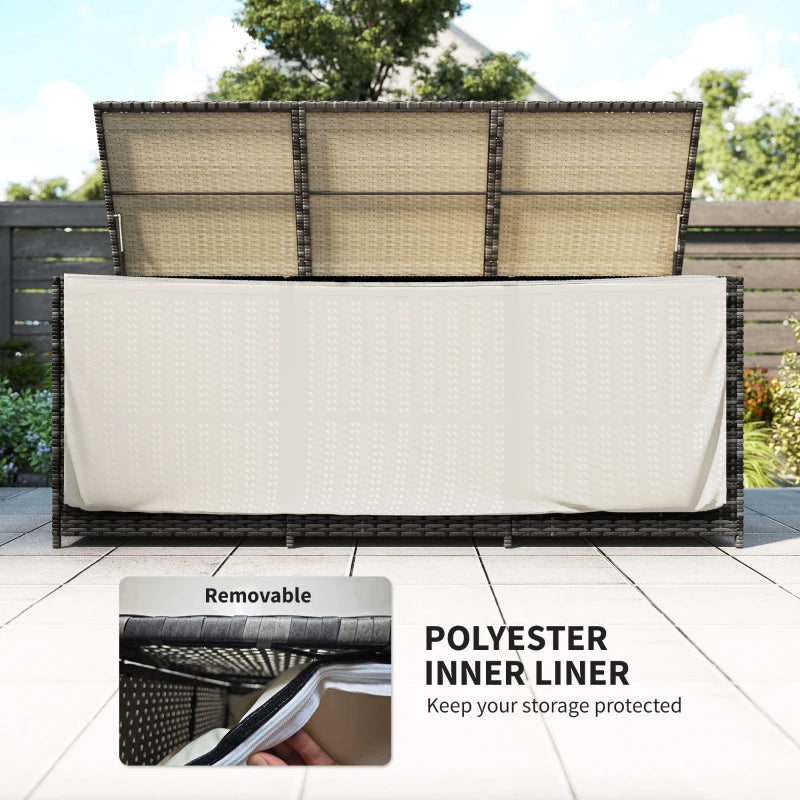 175 Gallon Outdoor Storage Box With Inner Liner, PE Rattan Wicker Deck Box With Pneumatic Bar Lift, Mixed Gray