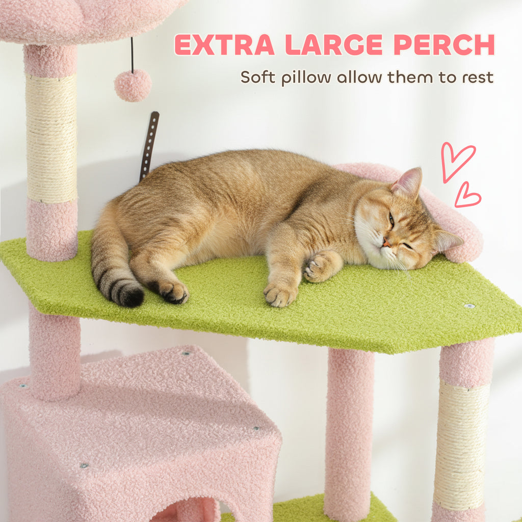 74" Flower Cat Tree, Large Cat Tower with Scratching Post & Board for Indoor Cats, Pink